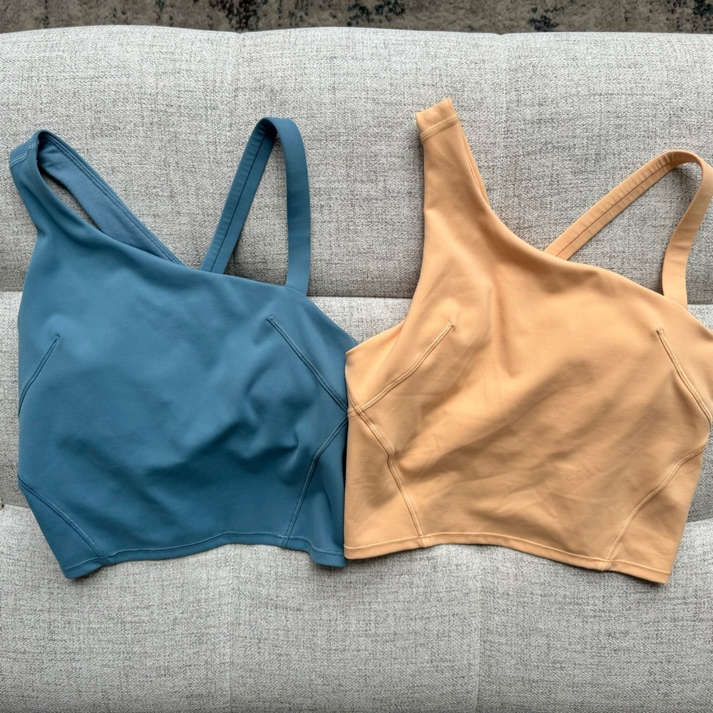 2 Lululemon Everlux Asymmetrical Tennis Tank Tops size 6 Blue & Orange